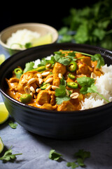 Spiced Harmony: Rice Topped with Chicken and Cashew Curry, Cilantro, and Green Onion