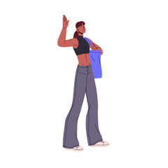 Happy skinny woman with shoulder bag greeting, gesture hello. Girl with athletic figure, sporty body go to sport training. Slim people smile. Flat isolated vector illustration on white background