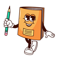 Groovy notebook character vector illustration. Cartoon isolated retro stationery sticker of paper notebook personage with funny face and smile holding pencil for notes, cute mascot of comic journal