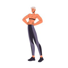 Fit boy with naked slim torso, trunk posing. Young shapely man with skinny figure, athletic body. Sport guy in sportswear with slender physique. Flat isolated vector illustration on white background