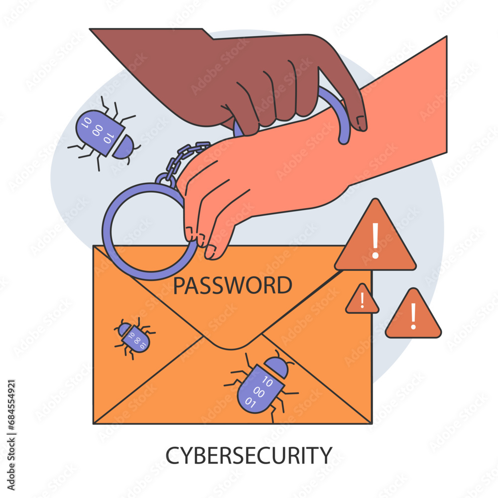 Sticker data privacy. cyber or web security. hand secures a digital envelope labeled against lurking threats