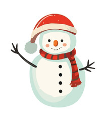 Snowman with a scarf, gloves and hat isolated in a white background in cartoon watercolor style. Flat design. Vector illustration.