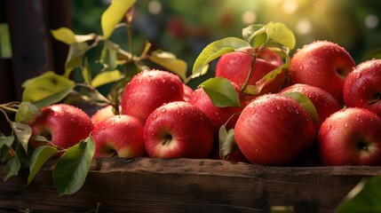 Obraz premium Ripe red organic apples in a grassy garden under an apple tree In an old wooden crate With copyspace for text