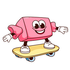 Groovy candy character on skateboard vector illustration. Cartoon isolated retro sticker of happy caramel candy skater with pink wrapper, funny smile and surprise expression on face, arms and legs