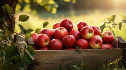 Ripe red organic apples in a grassy garden under an apple tree In an old wooden crate With copyspace for text