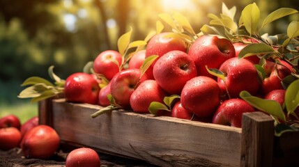 Ripe red organic apples in a grassy garden under an apple tree In an old wooden crate With copyspace for text