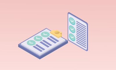 3d minimal clipboard task management todo checklist , efficient work on project plan, 3d report check concept, assignment and exam checklist icon. vector render .on pastel pink background.