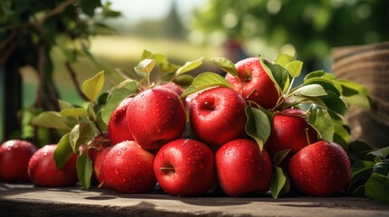 Ripe red organic apples in a grassy garden under an apple tree In an old wooden crate With copyspace for text