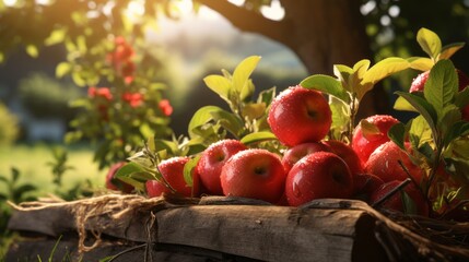 Ripe red organic apples in a grassy garden under an apple tree In an old wooden crate With copyspace for text