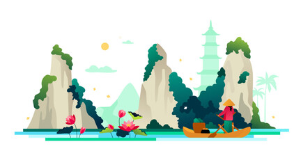Mountains and lakes of Hanoi - modern colored vector illustration