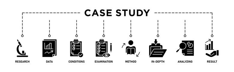 Case study banner web icon vector illustration concept with icon of research, data, conditions, examination, method, in-depth, analyzing, and result