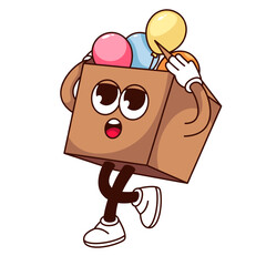 Groovy gift box character vector illustration. Cartoon isolated birthday surprise sticker of opening box with flying balloons to celebrate happy holiday, cute comic mascot with funny expression