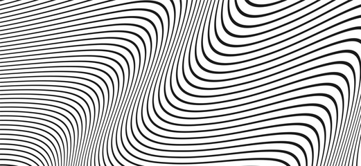 Wave striped pattern. Black and white background with curved lines. Abstract digital illustration.