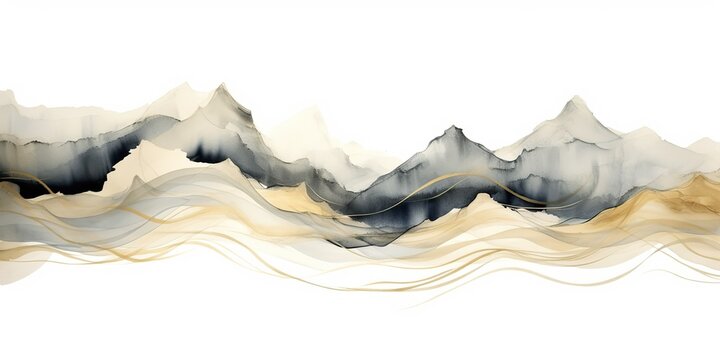 Abstract geometric drawing painting ink sketch golden brown mountains hills rocks on white background. Adventure explore