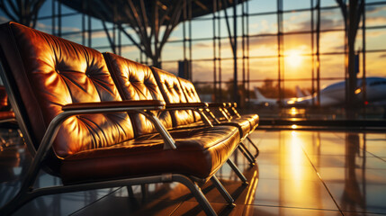 Empty chairs in the departure hall at airport with golden sunset rays. Travel, transportation concept. Generative AI - obrazy, fototapety, plakaty