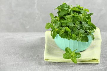 Bowl with fresh green mint leaves on grey table. Space for text