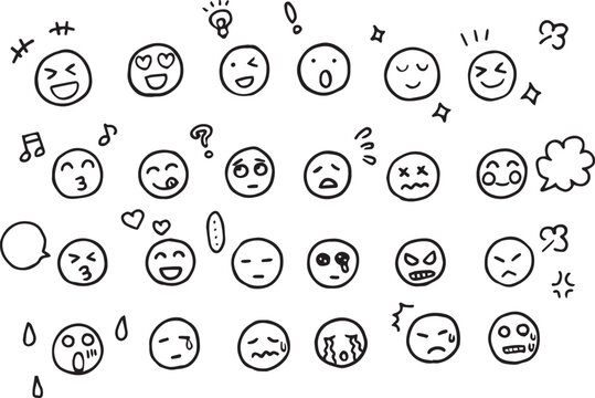 A set of simple illustrations depicting various emotions and facial expressions. (B&W icons)