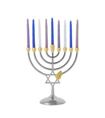 Menorah with burning candles isolated on white. Hanukkah symbol