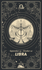 Zodiac sign Libra, astrological card on celestial black background with stars. Realistic vintage vector hand drawing, modern outline print.