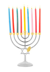 Fototapeta na wymiar Menorah with burning candles isolated on white. Hanukkah symbol