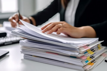 Businesswoman working with stacks of paper files to search and check unfinished documents. Accountant.