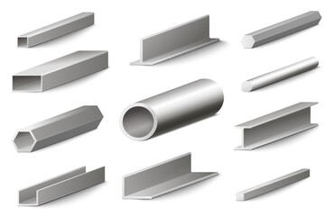 Different metal profiles construction materials isolated set - obrazy, fototapety, plakaty