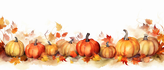 Seasonal Flourish: Fall Watercolor Border Adorned with Pumpkins and Autumn Leaves