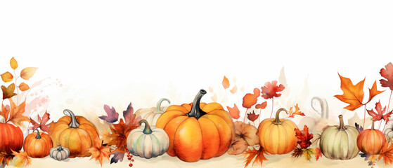 Naklejka na ściany i meble Seasonal Flourish: Fall Watercolor Border Adorned with Pumpkins and Autumn Leaves