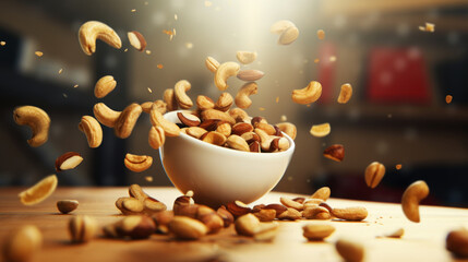 Nut mix almonds and cashews in a bowl flying through the air. - obrazy, fototapety, plakaty