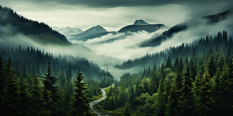 Misty mountain landscape with fir forest in vintage retro style. Generative AI