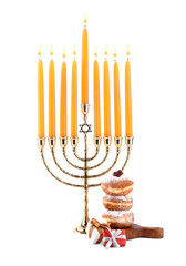 Hanukkah celebration. Menorah with candles, gift boxes and donuts isolated on white