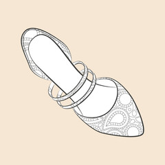 Illustration d'une chaussure à bout pointu, escarpin à bride avec un motif paisley à colorier,  vecteur en noir et blanc pour activité de dessin de mode, style raffiné et élégant - obrazy, fototapety, plakaty