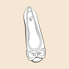 Dessin de chaussure à colorier,ballerine plate à bout rond décorée d'un grand nœud, style décontracté et mignon, accessoire de mode femme, vecteur en noir et blanc 