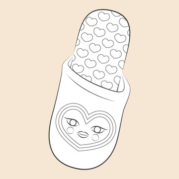 Coloriage de chaussure de nuit, pantoufle d&eacute;cor&eacute;e avec un motif c&oelig;ur, chaussons pour la maison, confortable et mignon pour des soir&eacute;es cocooning, illustration en noir et blanc &agrave; colorier