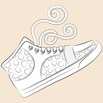 Illustration de mode urbaine, coloriage de chaussure de sport motif l&eacute;opard, sneakers montante &agrave; la cheville avec des lacets, dessin au trait fin en noir et blanc