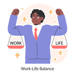 Work-life balance. Man skillfully balancing work and life. Prioritizing personal wellness. Career and personal life' equality, healthy boundaries between job and family. Flat vector illustration.