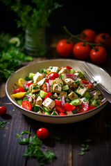 Wholesome Combination: Chicken, Feta Cheese, and Fresh Vegetable Salad&mdash;a Nourishing Lunch Option