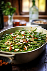 Almond Crunch: Green Beans in Baking Dish Garnished with Slivered Almonds—a Side Dish Idea