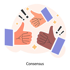 Multiple thumbs up unite. Collective consensus or agreement. Shared success. Unified agreement. Team alignment. Balance of interests. Flat vector illustration