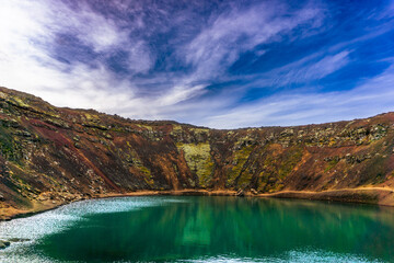 View of Kerid crater volcanic lake in Iceland