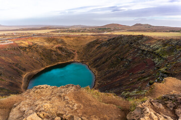View of Kerid Crater volcano lake in Iceland