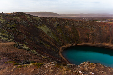 Kerid crater volcano lake in Iceland in golden circle ring