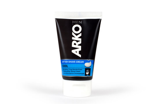 Sichkarevka, Dnepropetrovskaya Oblast, Ukraine - November 27, 2023: ARKO aftershave cream. Tube of aftershave cream on white background.