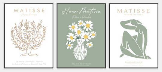 Contains Abstract Art Set in Matisse style, Decorative Modern Art, Vector illustration poster. Collection for trendy floral decoration.