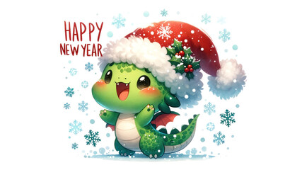 New year 2024 symbol green dragon festive greeting card. Watercolor illustration of cute cartoon baby dragon and Happy New Year text on white background. New Year celebration, watercolor art.
