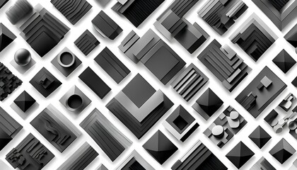 Hundreds of geometric forms and graphic shapes lying next to each other in black and white - Ai generated