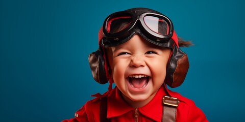 A vibrant image of a young boy pretending to be a pilot, wearing goggles and a makeshift uniform