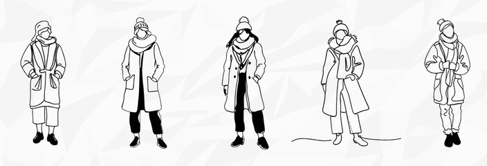 Winterliche Eleganz: Bundle mit Vektorgrafiken von Lineart-Illustrationen von Frauen in Winterkleidung