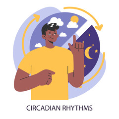 Circadian rhythm. Man signifies the balance of day and night time, wakefulness and sleep. Natural human biological clock timing, 24-hour cycle. Flat vector illustration.
