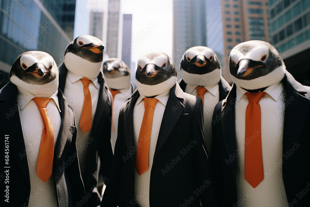 Aufkleber a group of penguins dressed in business attire, emphasizing teamwork and collaboration in the corpor